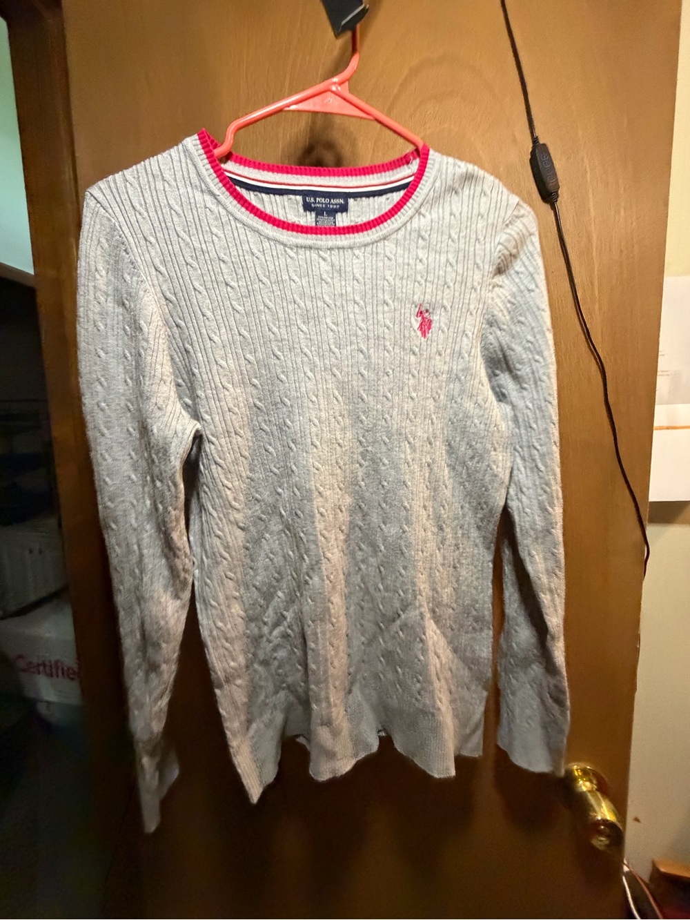 US polo association Women's Light Gray Cable-Knit Sweater with Pink Accent